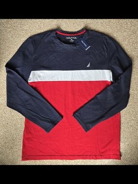 Nautica Men's Long Sleeve Colorblock Crew Neck Shirt - Navy/White/Red